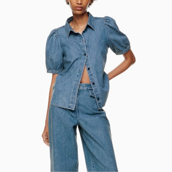 Aritzia WILFRED FREE Auteur Blue Denim Puff Short Sleeve Button Shirt Light Wash - Picture 1 of 9